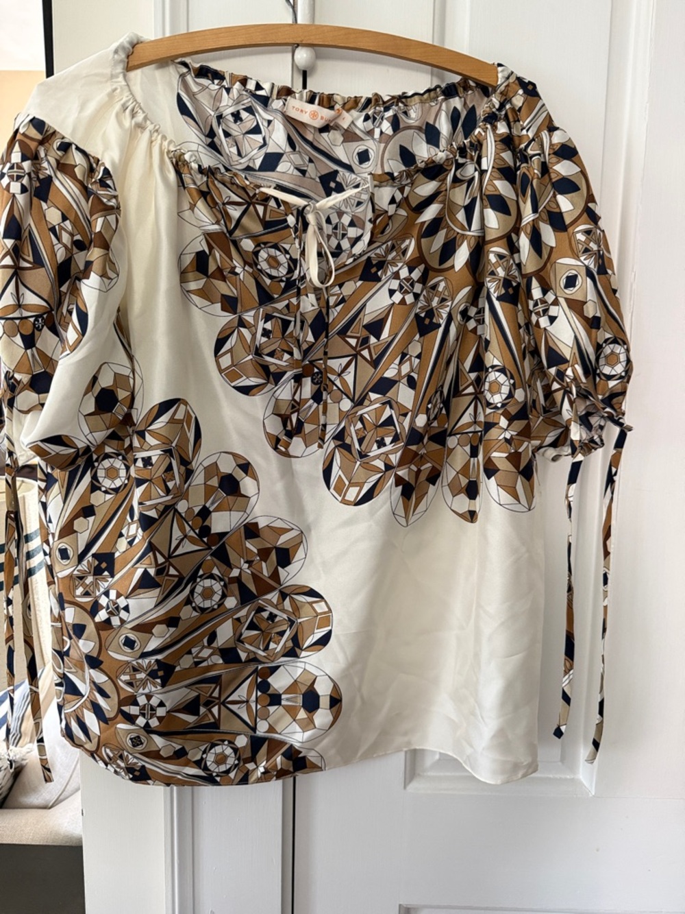 Tory Burch Cream Geometric-Print Peasant Blouse with Brown and black size 4